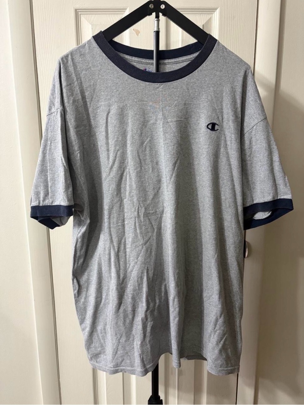 Champion Men’s Gray Short-Sleeve Ringer Tee with Navy Trim